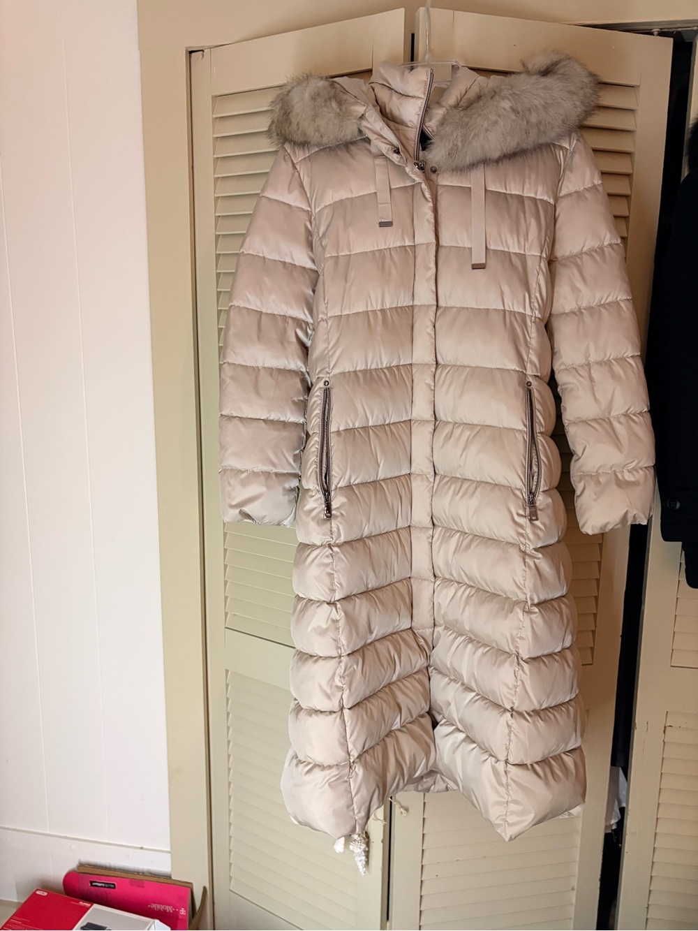 Tahari Light Beige Long Quilted Puffer Coat with Faux Fur Hood